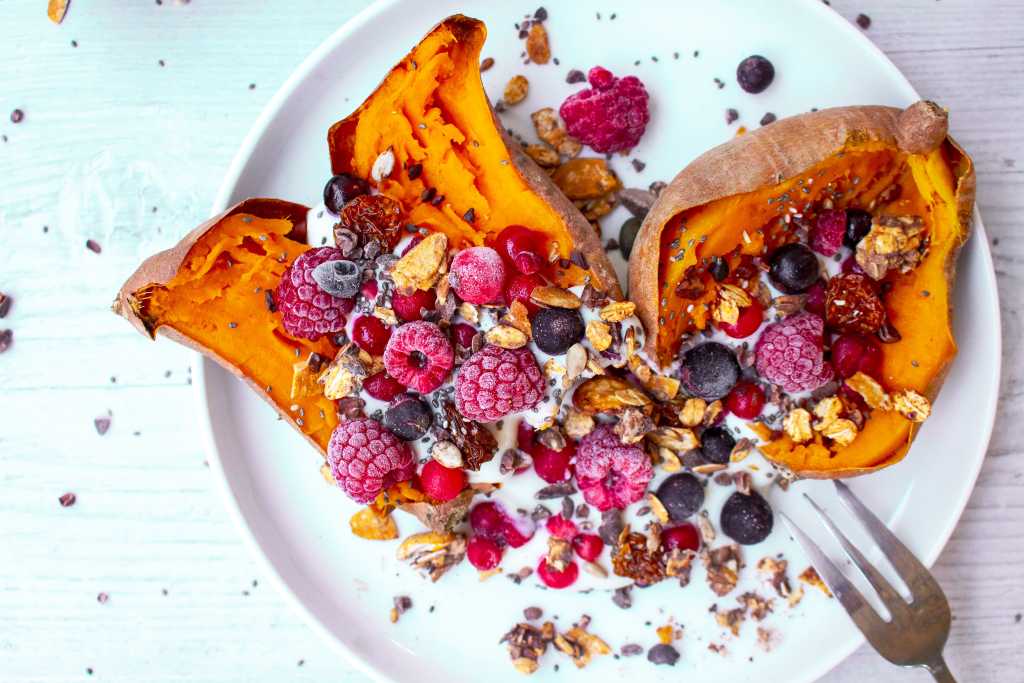 Sweet Potatoes with Yogurt, Almond Butter and Pepita Granola