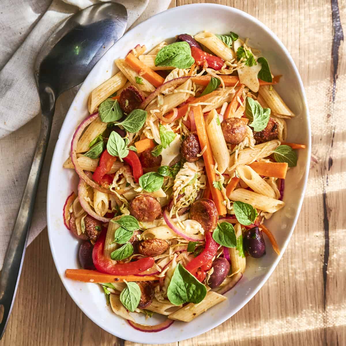 Portuguese-style chorizo pasta salad