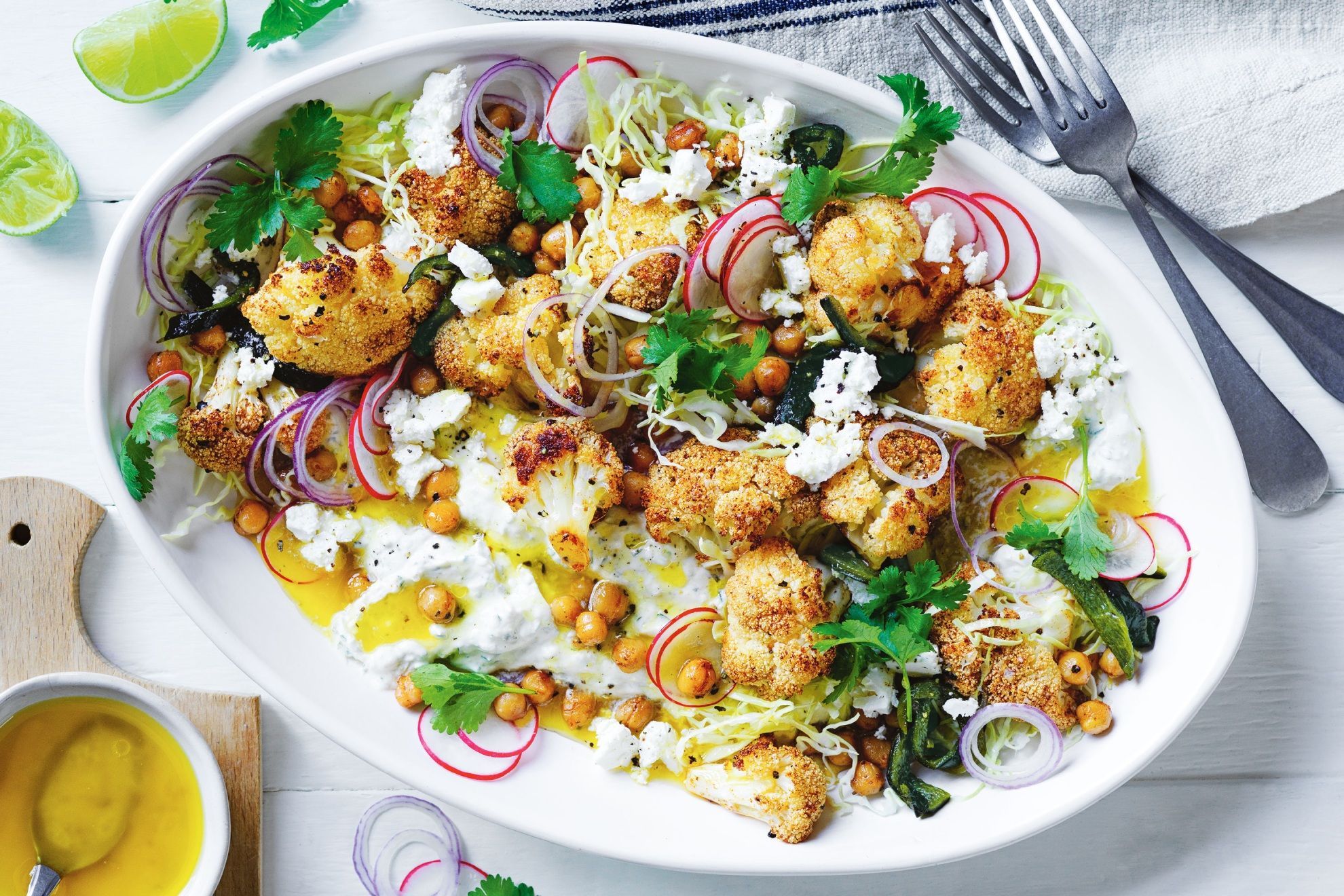 Roasted cauliflower salad with poblano chillies and chickpeas