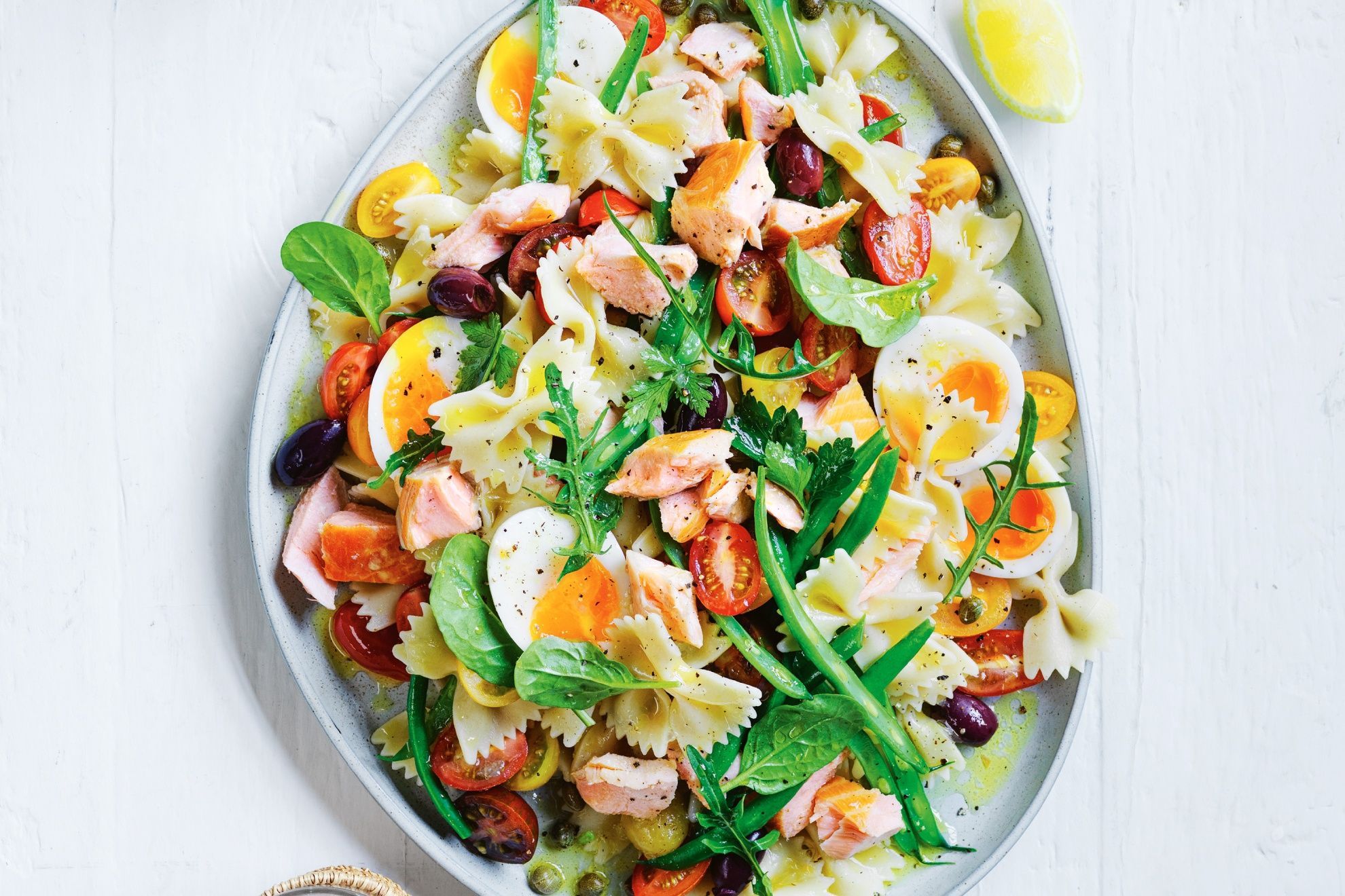 Salmon nicoise pasta salad