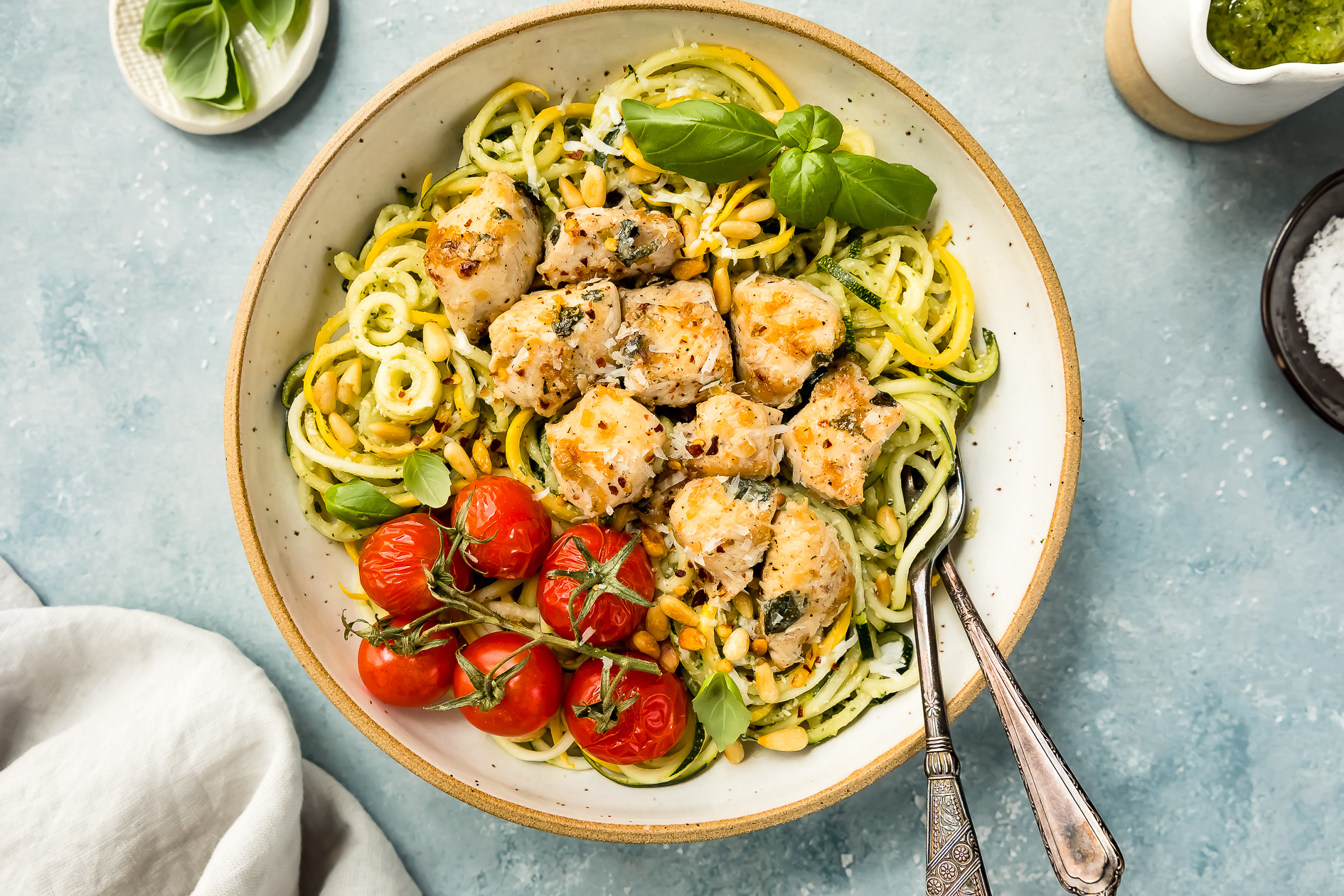Creamy pesto chicken with veggie noodles