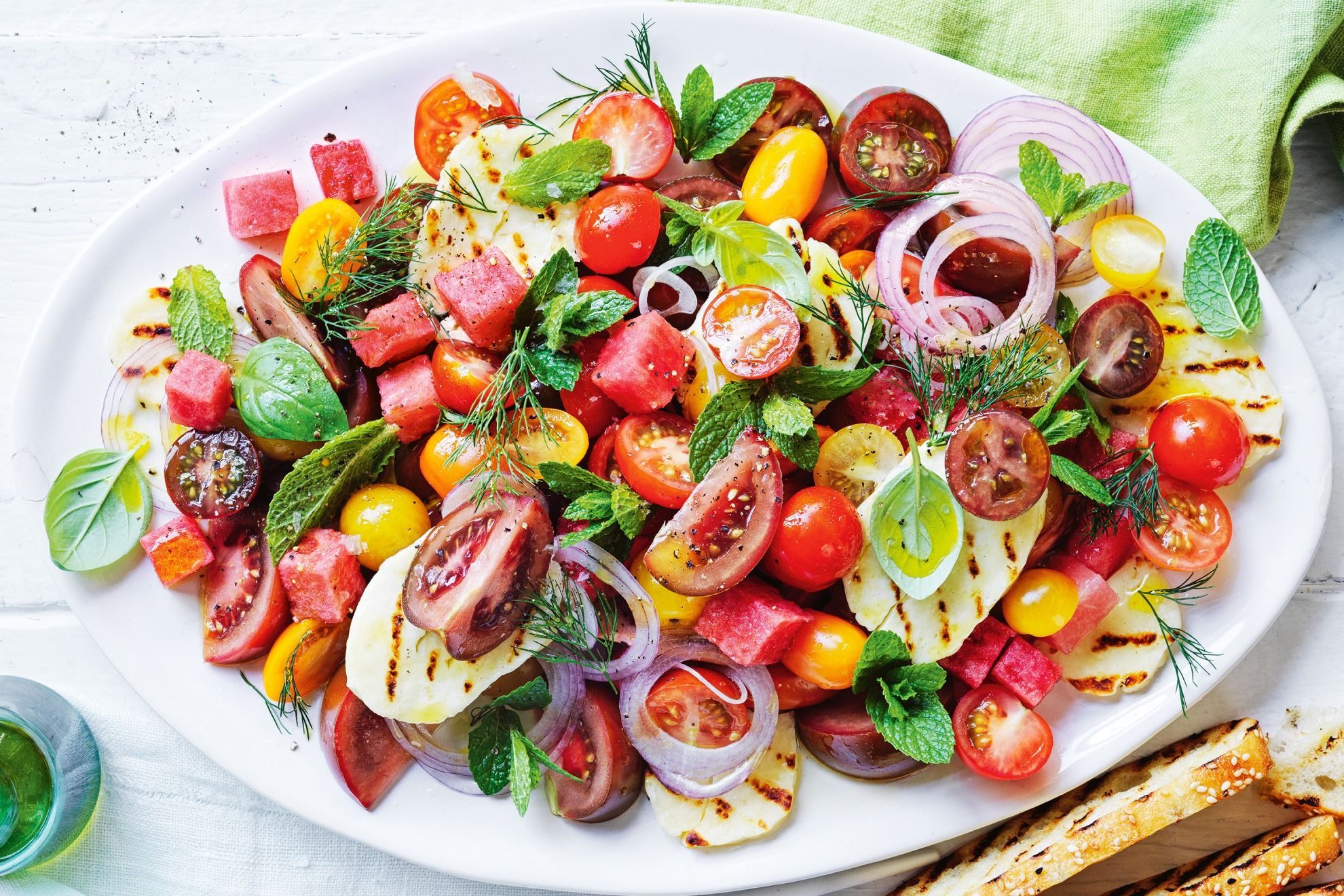 Tomato and watermelon salad with haloumi