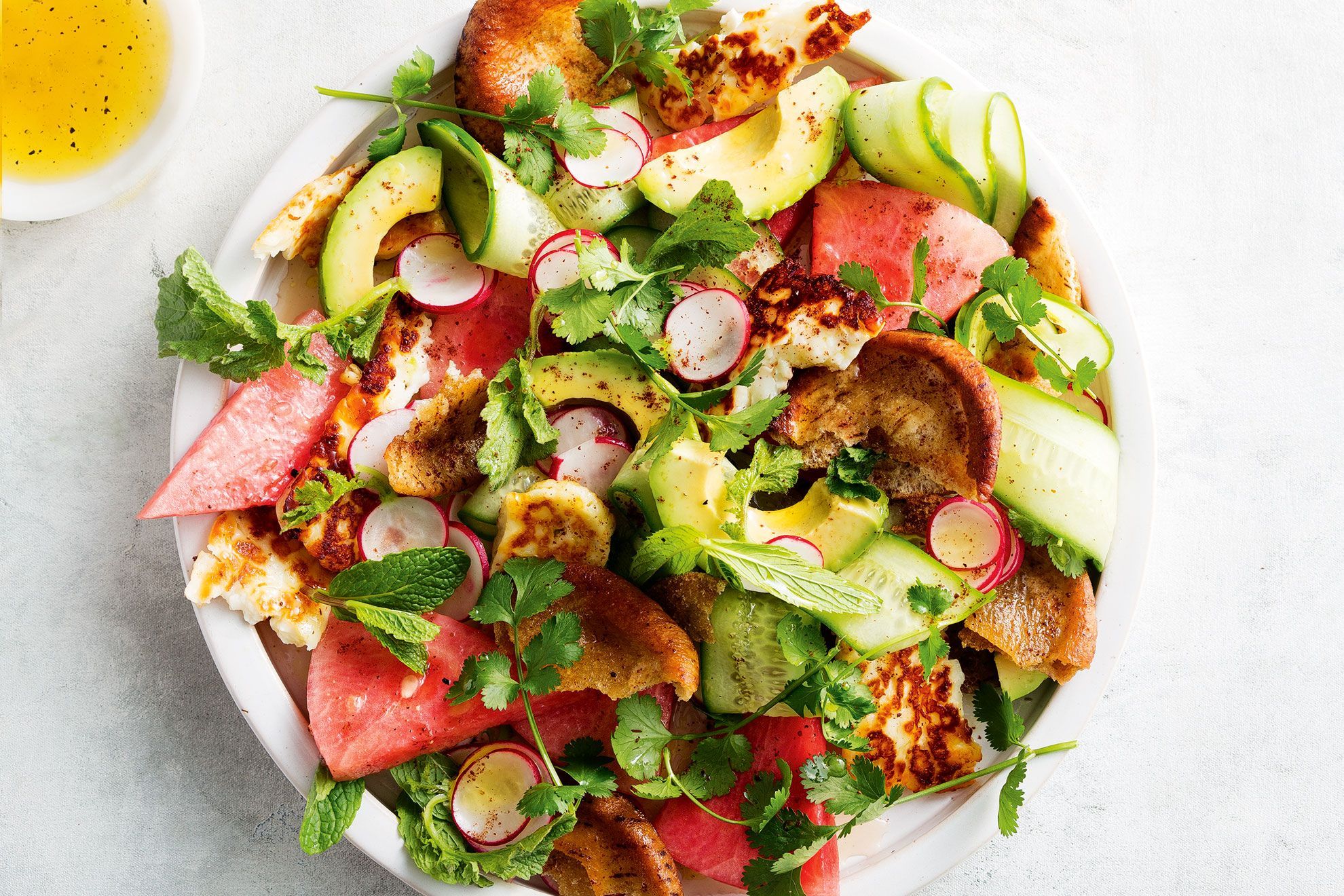 Tomato and watermelon salad with haloumi