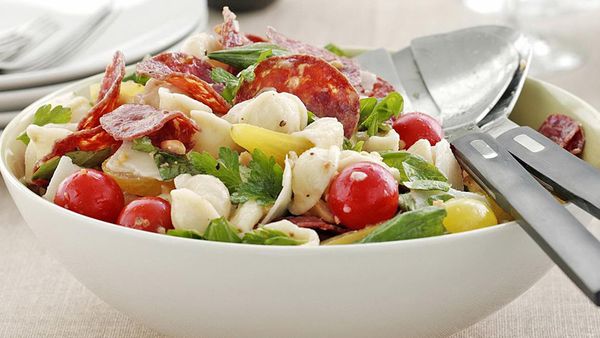 Warm tomato pasta salad