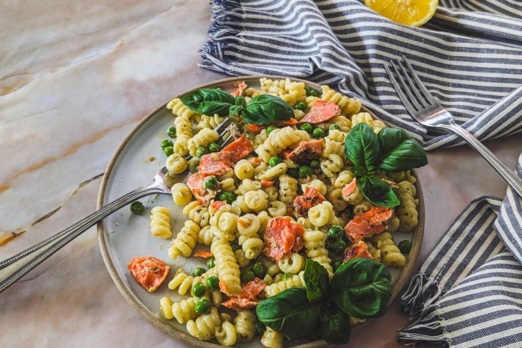Salmon and pea pasta salad