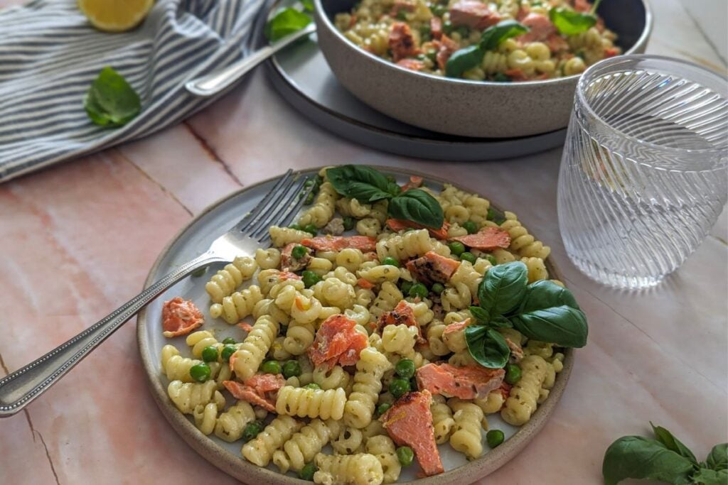 Salmon and pea pasta salad