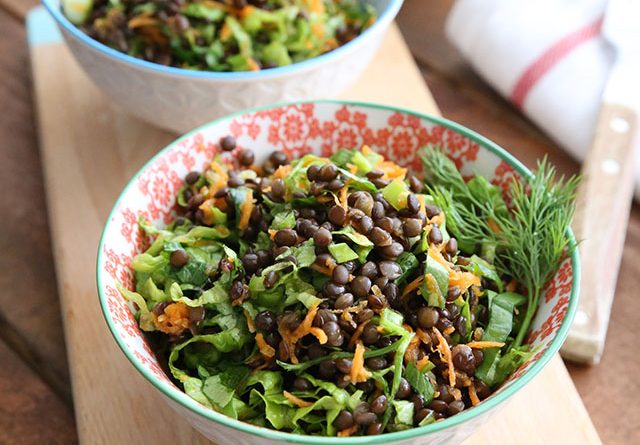 Black noodle salad with lentils and pink grapefruit