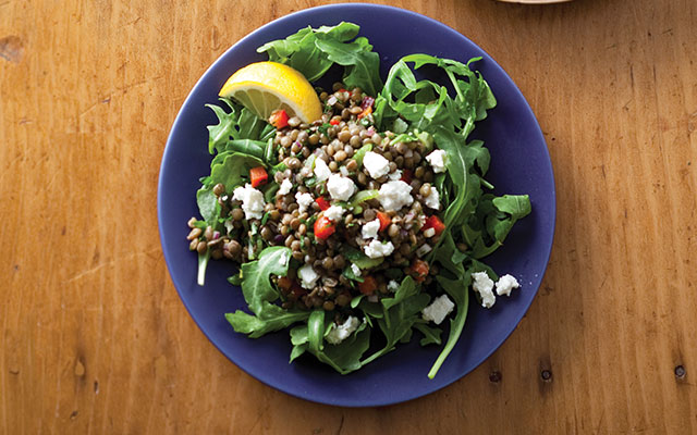 Black noodle salad with lentils and pink grapefruit