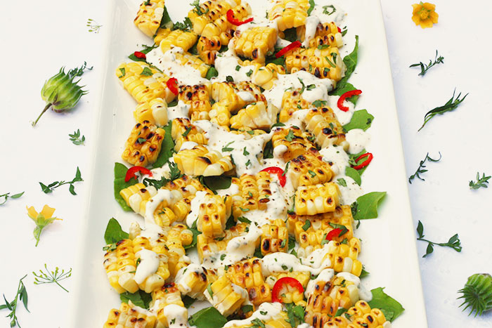 Curtis Stone s charred corn salad with fetta-coriander crema