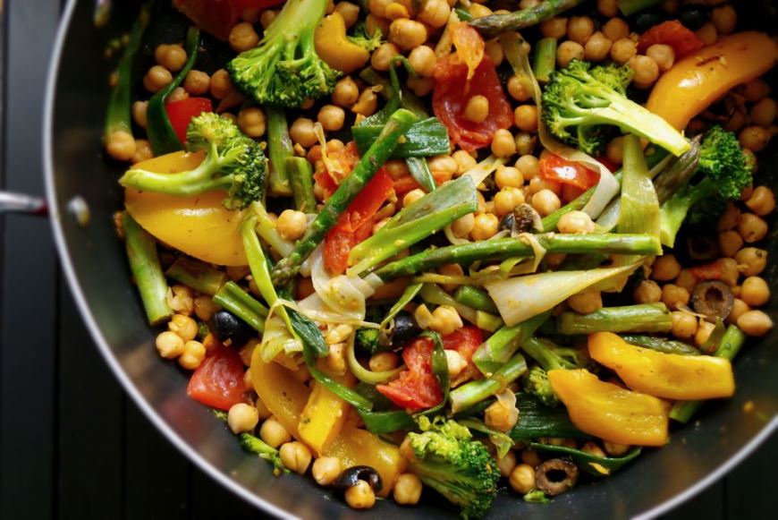 Spiced veggie and chickpea tray bake