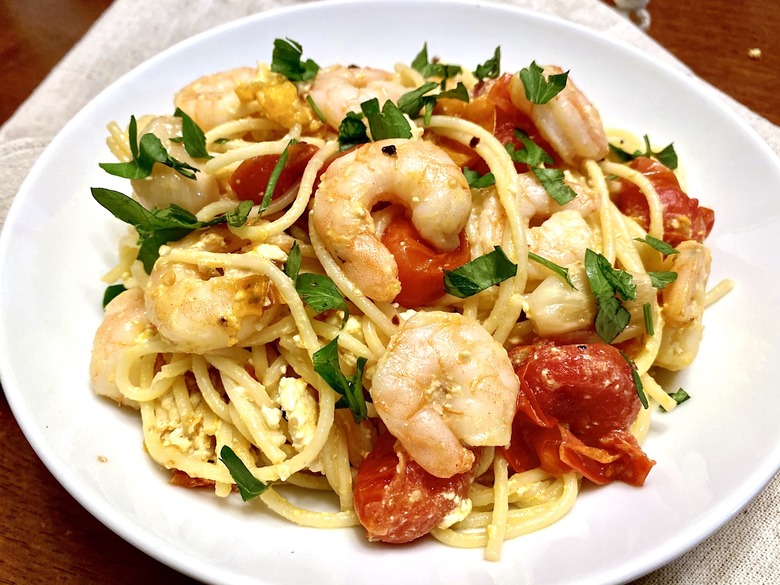 Roasted Tomato Pasta with Feta and Shrimp